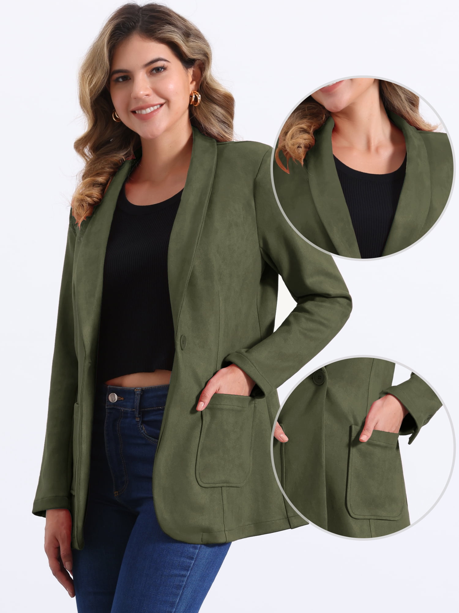 DARING DIVA Women's Faux Suede Lapel Collar One Button Dressy Suit Jacket L Army Green