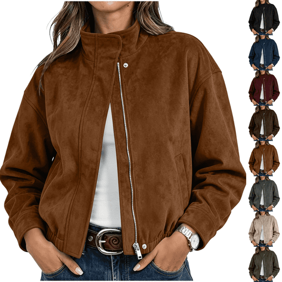 cocolona Womens Cropped Suede Coat Trendy Stand Collar Solid Color Jacket Full Zip Cinched Hem Casual Fall Outerwear