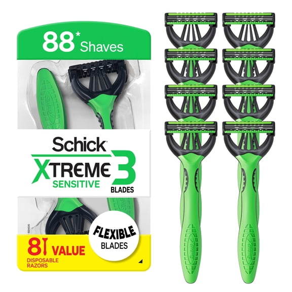 Schick Xtreme 3 Blade Disposable Razors for Men, 8 Ct, Men's Sensitive Skin Manual Disposable Razors