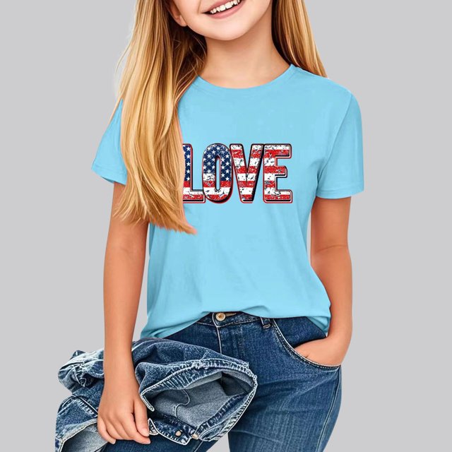 hengsof T-Shirt Imprimé à Thème Patriotique pour Filles, Manches Courtes, Col Rond, Ample et Confortable, Adapté aux Enfants de 2 à 13 Ans