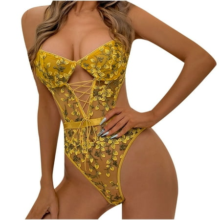

Mesh Sheer Lingerie for Women Floral Embroidery Lace Up Mini Bodysuit Teddy Babydoll Exotic Bustier Onesies Clubwear