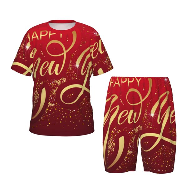Fotbe Happy New Year2 Pijama Estampada de 2 Piezas para Niños – Ropa de Dormir de Manga Corta Cómoda para Niños y Niñas, Camiseta y Shorts de Algodón-X-Large