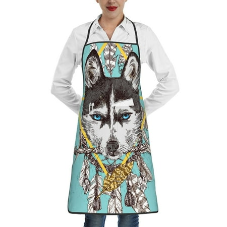 

Qekee Husky With Dreamcatcher Print Adjustable Bib Apron Resistant with Pocket Cooking Kitchen Aprons for Women Men Server Chef Apron
