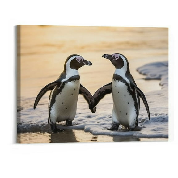PRATYUS Modern Wild Animal Painting Canvas Prints African Penguin On The Sandy Beach Picture Wall Art for Home Decor Artwork 20x16 Inch