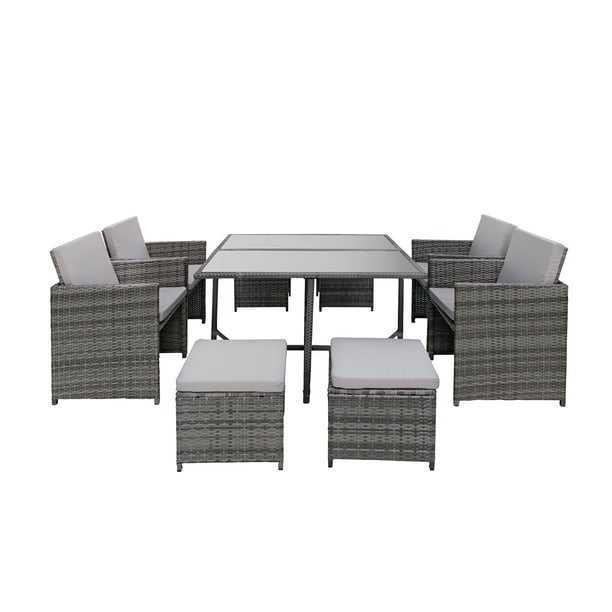 Modern 8 Piece Space Saving Outdoor Furniture Dining Set Patio Rattan Table And Chairs Grey Com - Space Saving Patio Table And Chairs