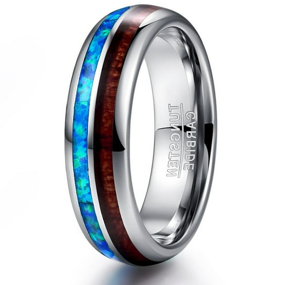 6mm Hawaiian Koa Wood Tungsten Rings for Unisex Blue Created-Opal Wedding Band Size 6-14