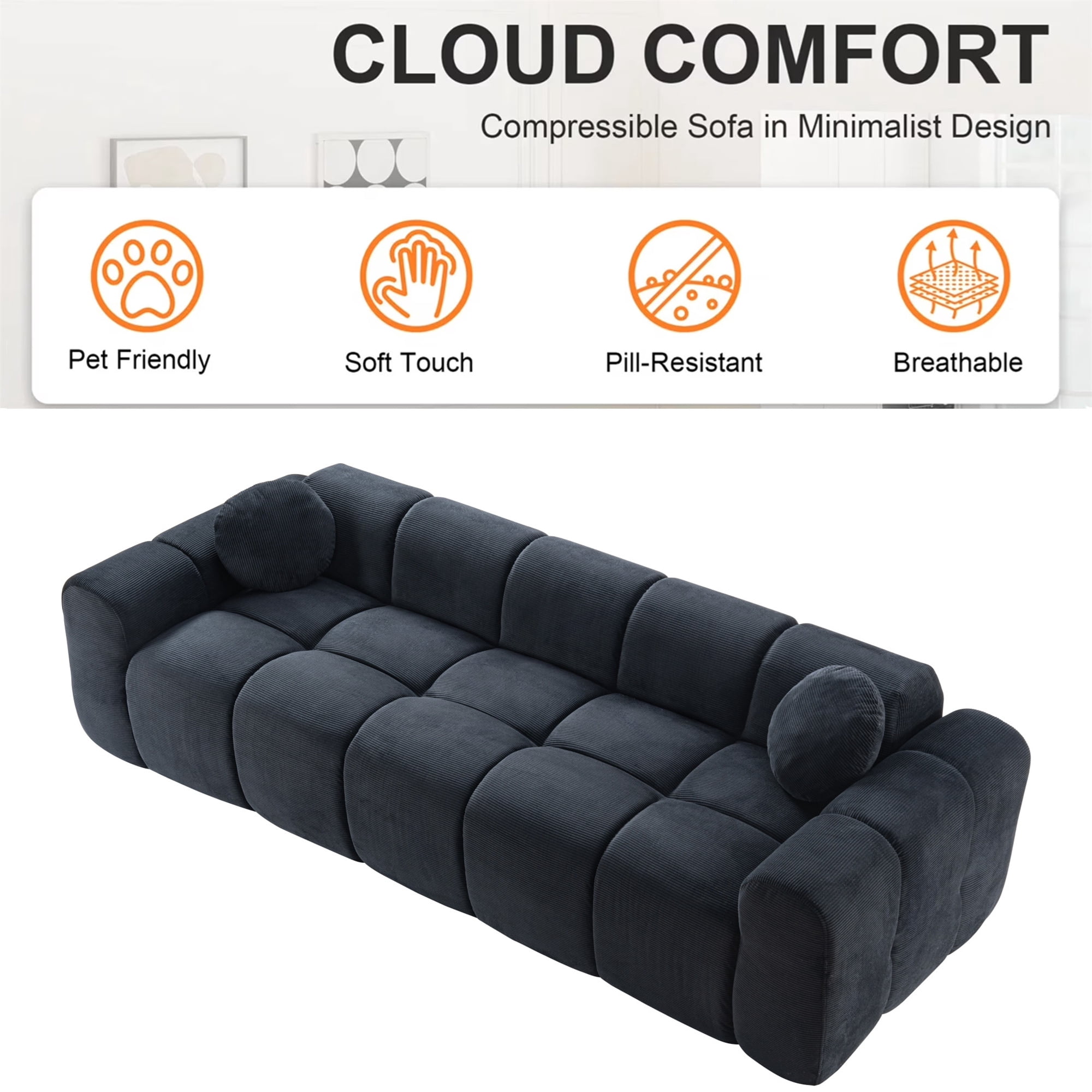 Aukfa 99" Oversized Cloud Sofa Boneless Couch 4-Seater Tufted Upholstered Sofa for Living Room, 2 Pillows, Corduroy, Black