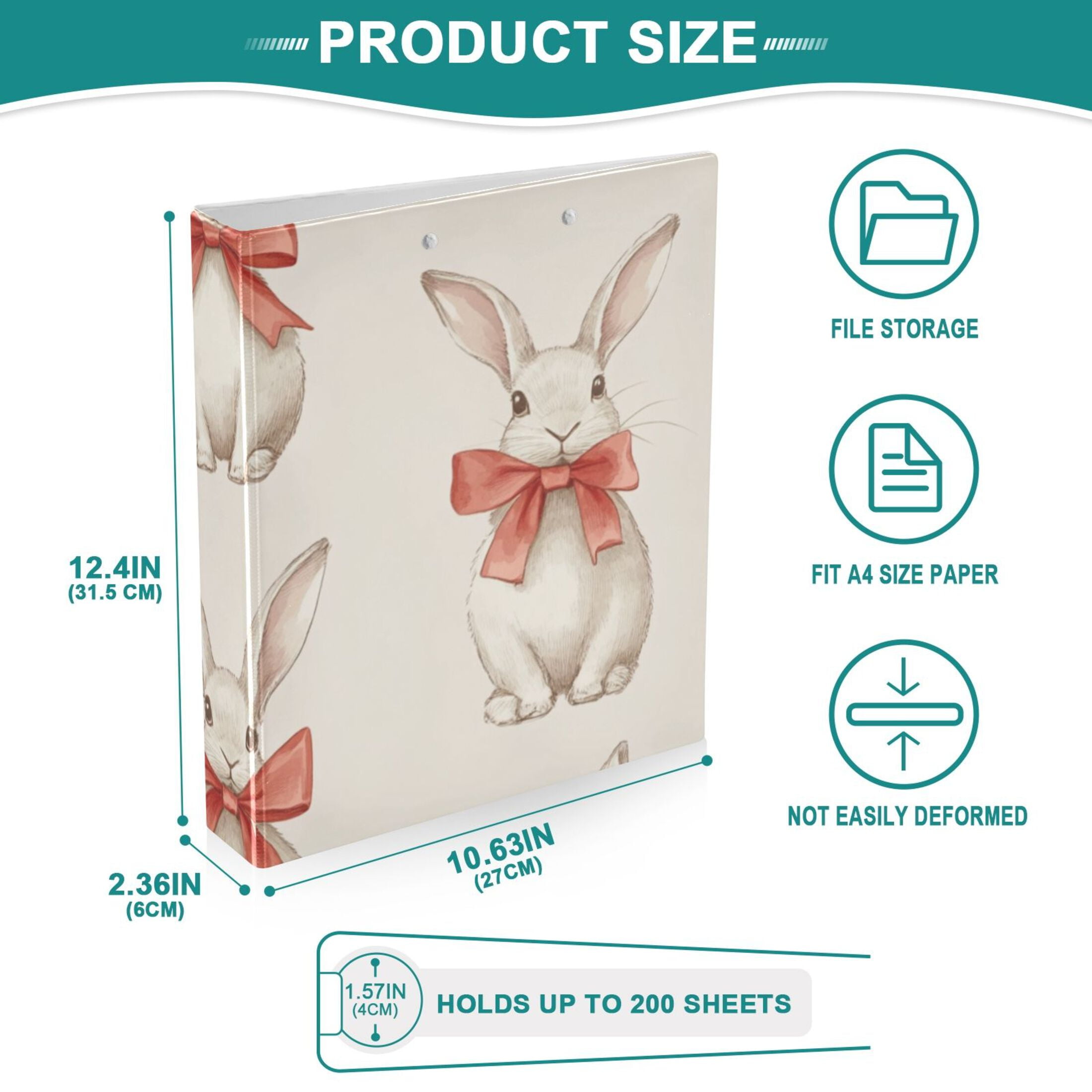 Cute Rabbits Bows 3 Ring Binders 1.5 inch Hardcover File Folders with Interior Pockets A4 Size Organizer for School Office Hospital Set of 2