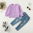thumbnail image 3 of Kucnuzki 3T Toddler Baby Girl Winter Outfits Pants Sets 4T Long Sleeve Solid Color Waffle Pull-Over Elastic Denim Pants 2PCS Set Purple, 3 of 9