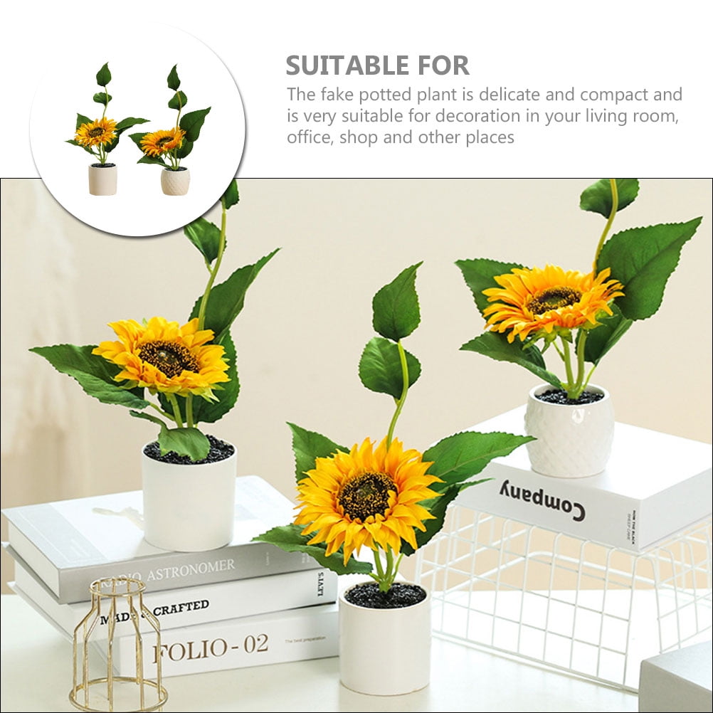 2 Pcs Potted Sunflower Fake Green Plant Decors Desktop Adornments Delicate Plant Faux Flowers Indoor Potted Plants