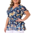 thumbnail image 2 of DARING DIVA Women's Plus V Neck Short Sleeve Casual Floral Blouse 3X Dark Blue, 2 of 6