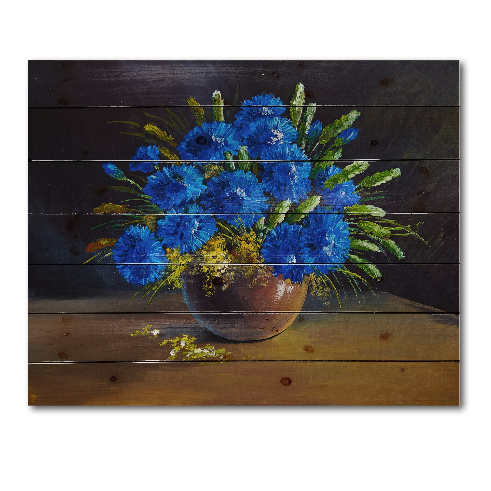 Designart 'Still Life A Bouquet Of Blue Wildflowers In Vase' Traditional Print on Natural Pine Wood