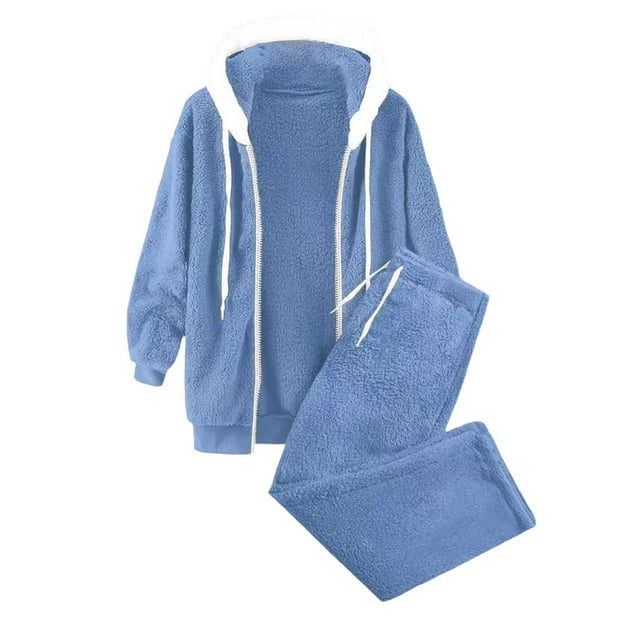 Zhanying Ensemble 2 Pcs pour Femmes Veste à Capuche Doublée en Sherpa avec Poches Bleu XXXXXL
