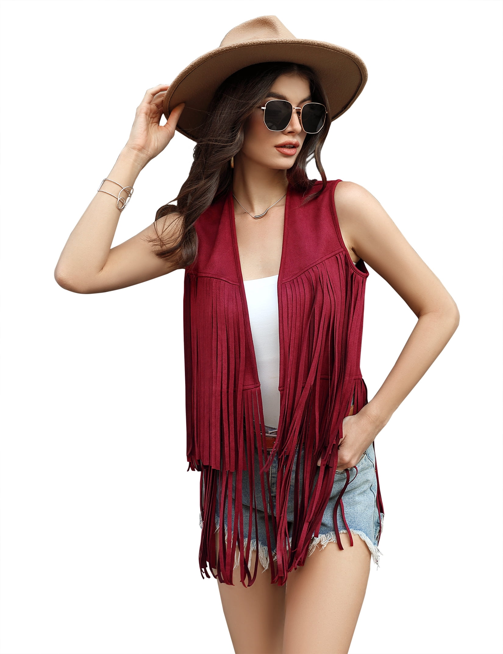 Yesfashion Women's Fringe Vest 70s Hippie Sleeveless Tassel Long Cardigan Jacket Cowgirl Western Tops