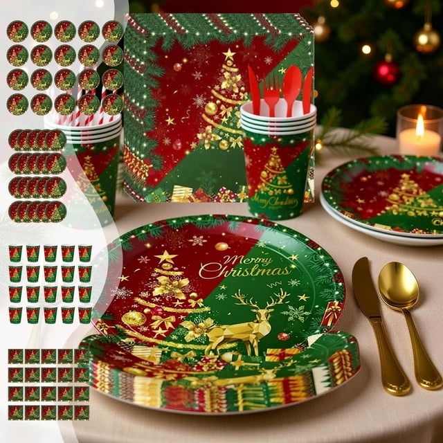 RRJ 4Pcs Christmas Party Tableware Set Disposable Plates Cups Napkins, 20-Piece Holiday Dinnerware Kit, 7-Inch 9-Inch Paper Plates For Festive Gatherings, Red Green Gold Themed Disposable