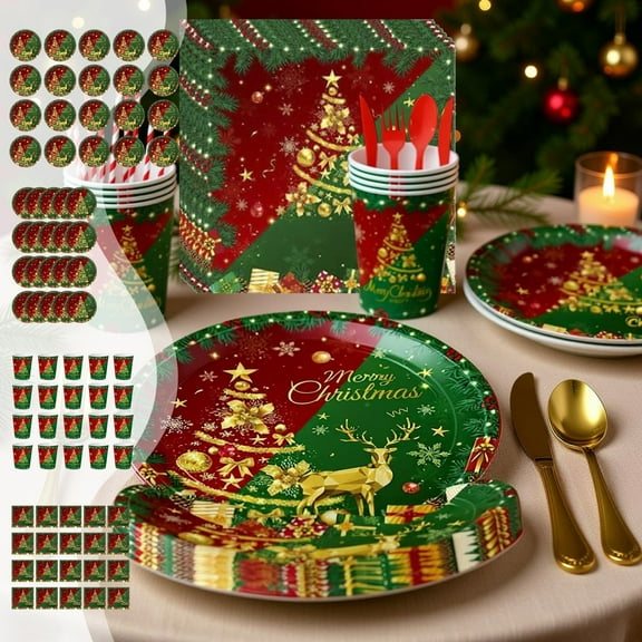 Christmas Party Plates Set Disposable Tableware 20 Pc Red Green Gold Holiday Dinnerware Paper Plates Cups Napkins for Festive Gatherings