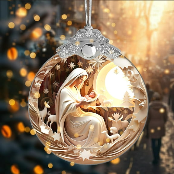 Christmas Ornament, White Nativity Design, Religious Christmas Ornament, Hanging Ornament, Acrylic, 2025, 4 INCH, for Holiday Party