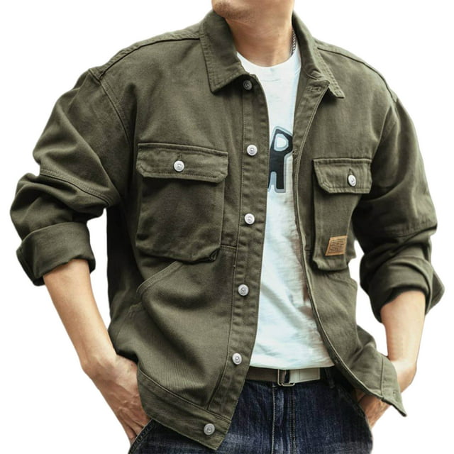 hotojiny Chemises en Coton pour Hommes à Boutons Manches Longues Vintage Veste Décontractée Automne avec Poches à Rabat
