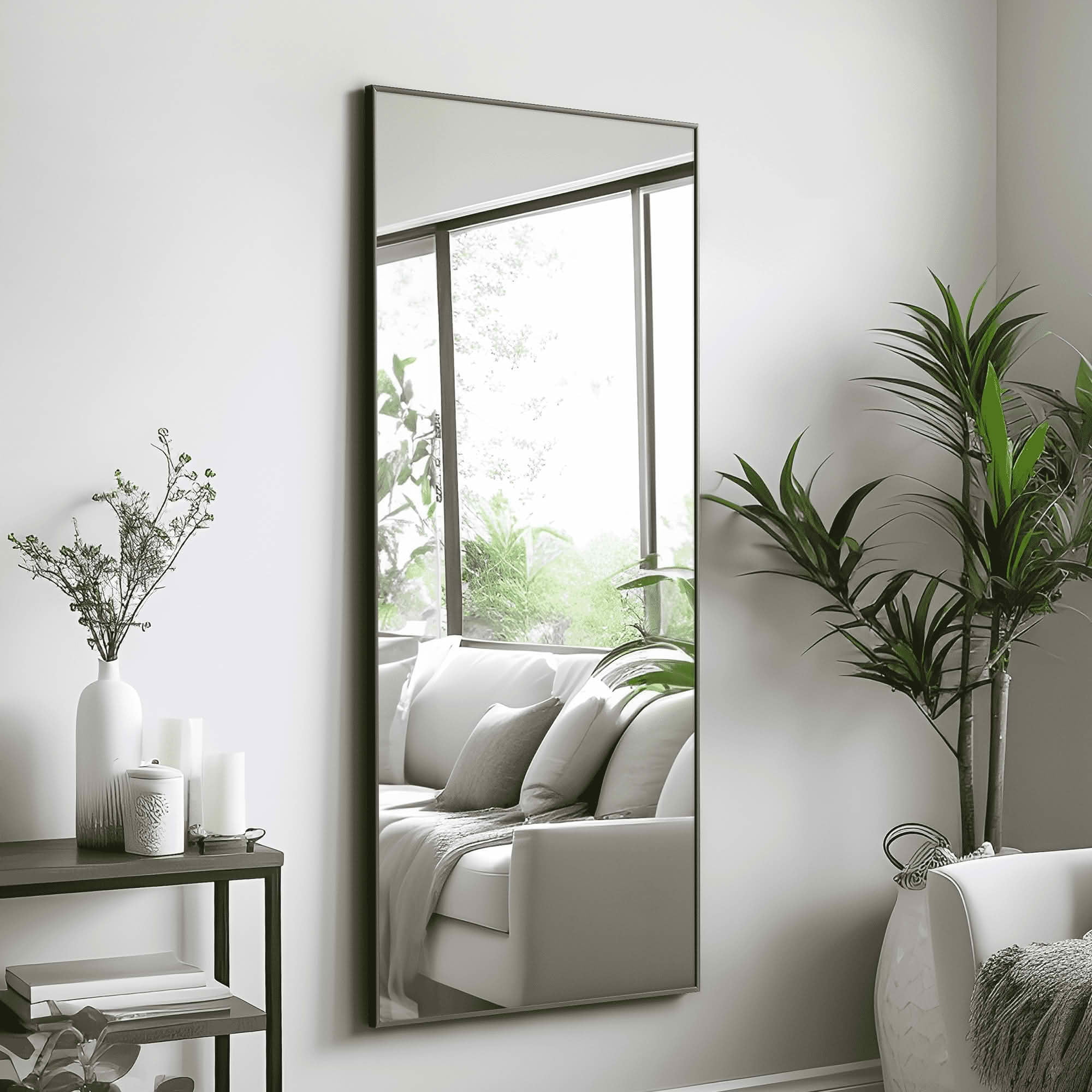 MAYEERTY 47x22x1 Inch Black Thin Edge Aluminum Right Angle Rectangular Wall Mounted Mirror for Bathroom