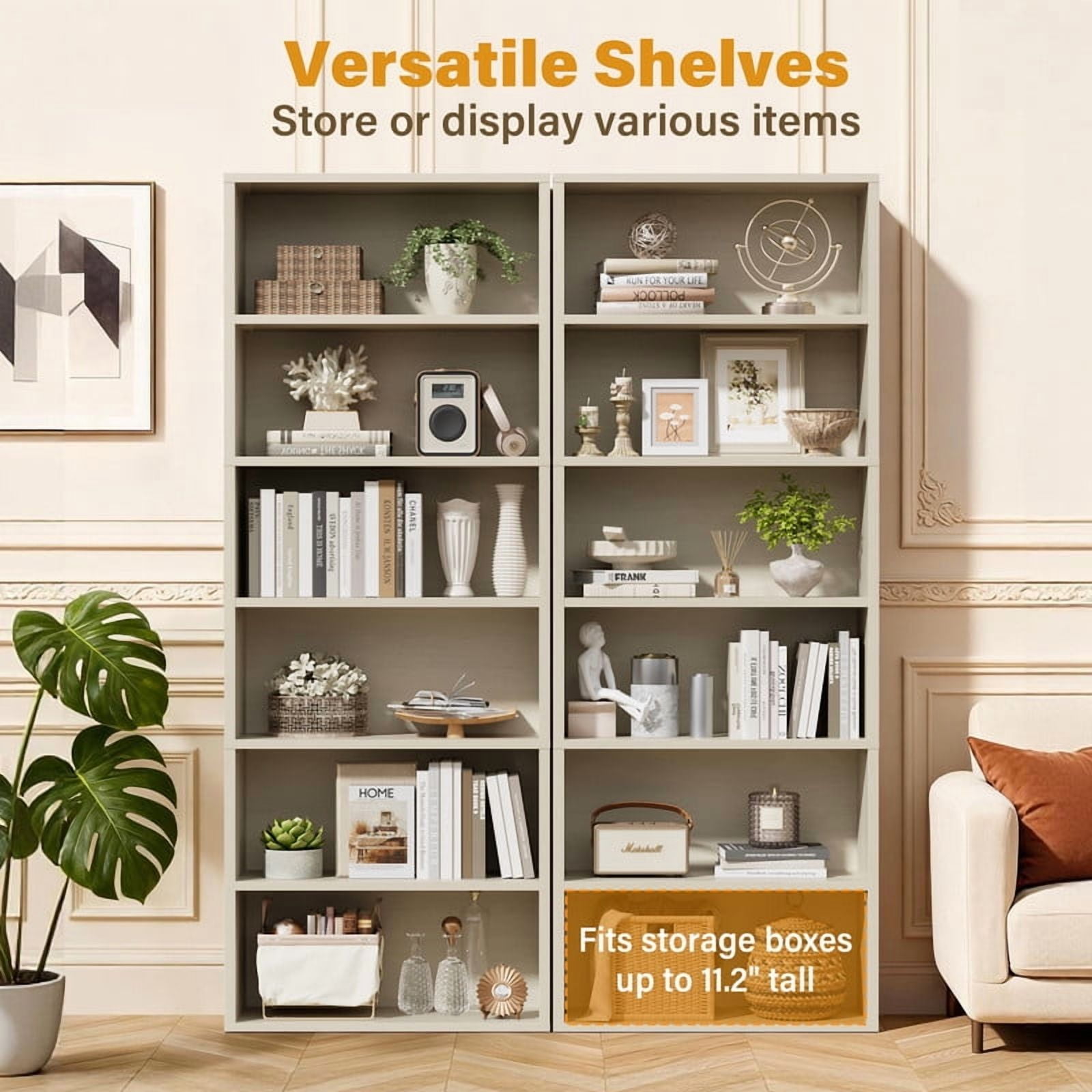 Homall 6-Shelf Standing Bookcase, Sturdy Storage for Home Office, Living Room,Beige