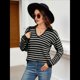 thumbnail image 5 of Suéteres de Mujer 2025, Cuello en V, Larga, Tops A Rayas, Otoño Invierno, Ropa de Punto Cómoda, Suéter Tipo Pulóver y Negro S, 5 of 9