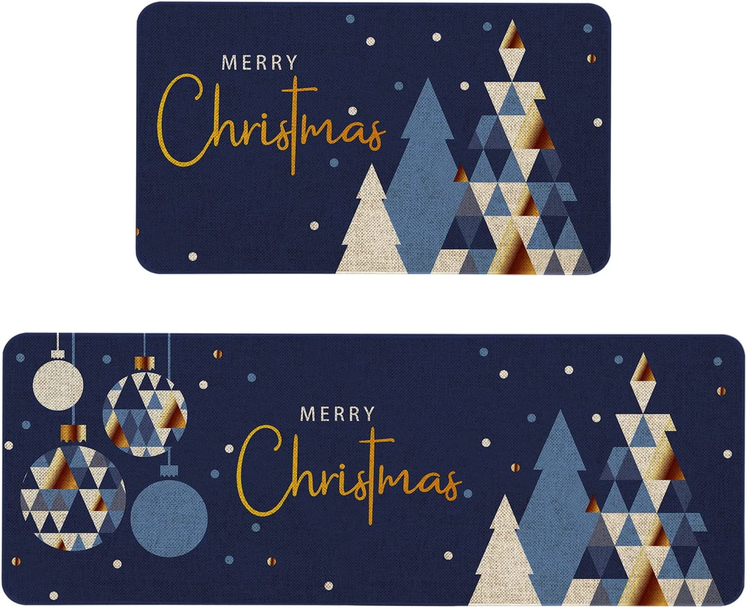 Merry Christmas Kitchen Mats Set of 2, Anti Fatigue Waterproof Stain Resistant Floor Rug Blue