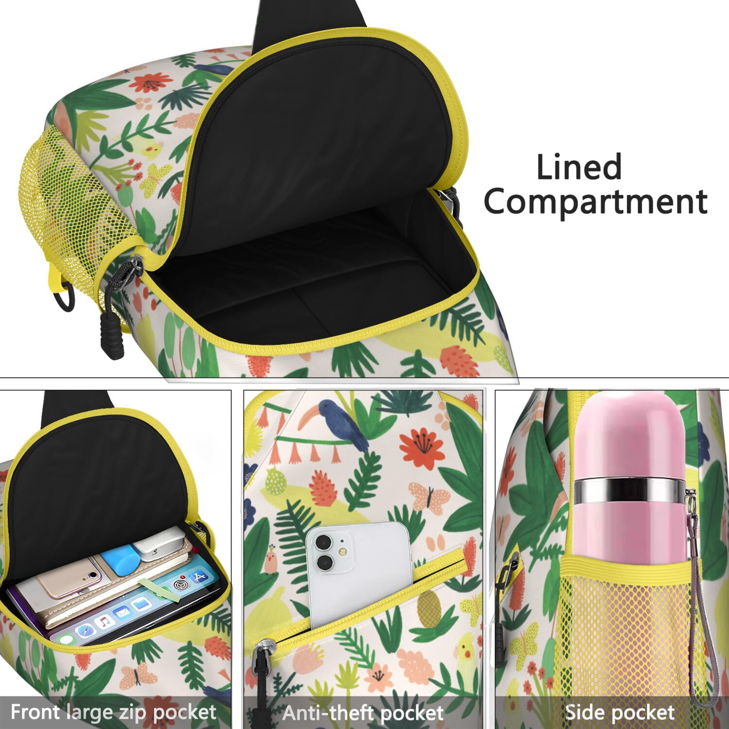 Palm Leaf and Exotic Floral Sling Bag - Breathable Crossbody Bag - Versatile Wear for Hiking, Beach, Casual Outings