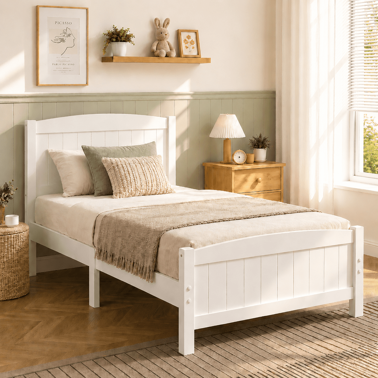 PAPROOS White Wooden Twin Platform Bed Frame with Headboard and Footboard, 330lbs Capacity, Twin Size Bed Frame, No Box Spring Needed