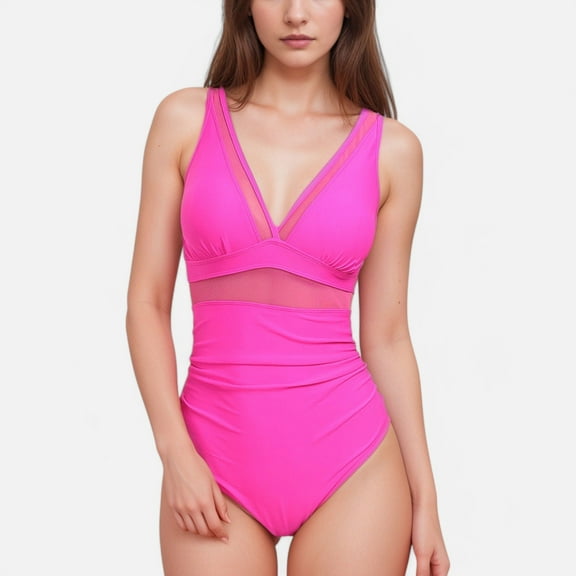 Swim Women's Deep V One Piece Swimsuit with Mesh Waist Panel and Ruched Tummy Control Design - Large, Fuchsia