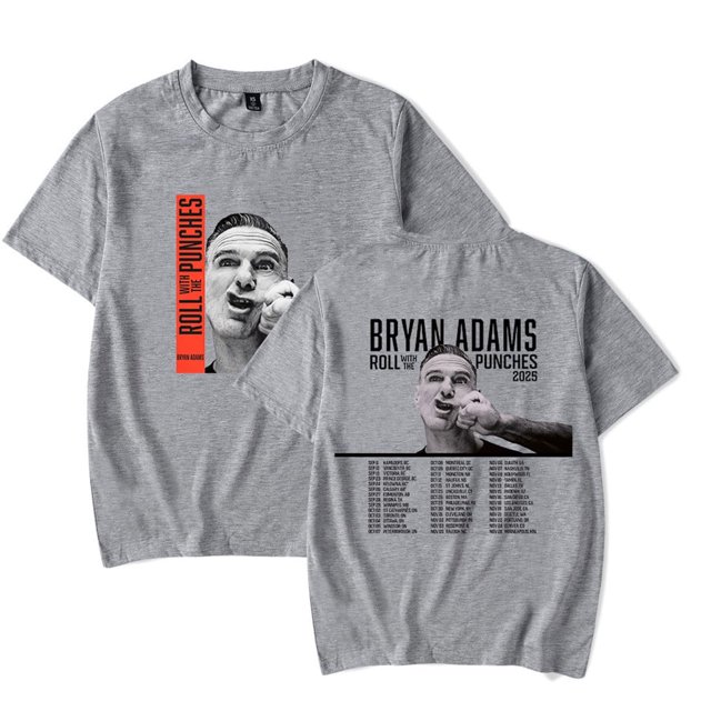 Bryan Adams 2025 Roll With The Punches Hip Hop Unisexe T-Shirt à Manches Courtes en Coton Mode Urbaine, TP, Gris