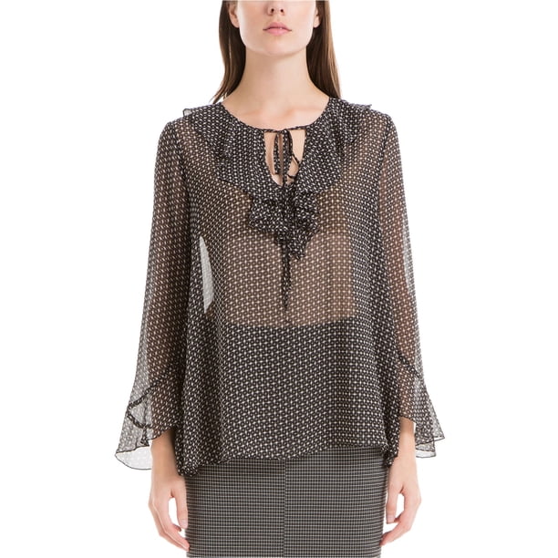 Max Studio London Blusa de punto con volantes para mujer, negro, XS