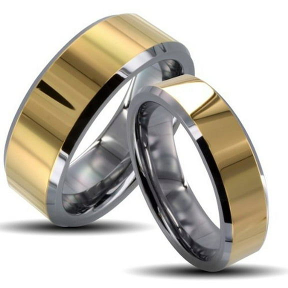His & Her's 8MM/6MM Two Tone Gold Shiny Center & Beveled Edges Tungsten Carbide Wedding Band Ring Set