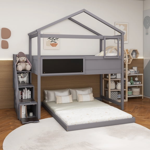 Twin over Full House Bunk Bed with Storage Staircase and Blackboard,Gray
