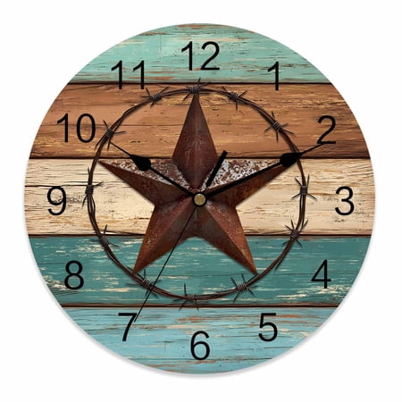 Wall Clock 12 Inch Farmhouse Round Silent Decorative Wall Clocks Battery Operated for Living Room Bedroom Kitchen Classroom Decor, Vintage Wood Texture Barn Star Turquoise Brown,Large