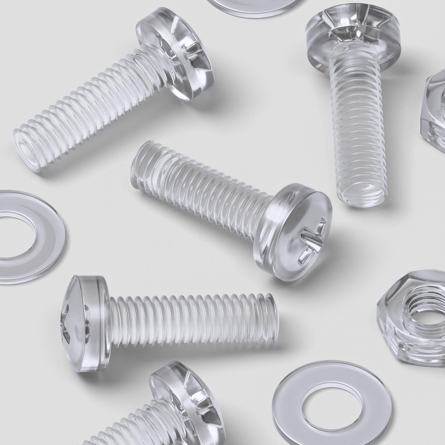 60 x Transparent Clear Plastic Acrylic, Pan Head, M3 x 10mm Nuts & Bolts, Washers -Acrylic Plastic Screws, (1/8 x 25/64 in)