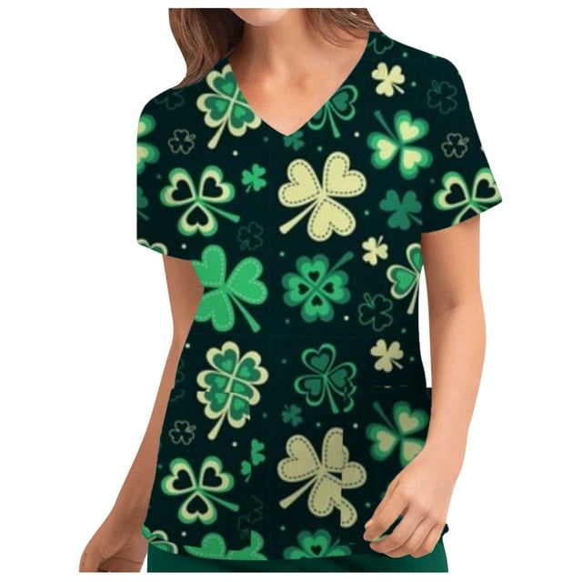 Blusa Informal de Manga Corta con Cuello En V para Mujer Fiudx Patrick'S Day con Bolsillos Impresos