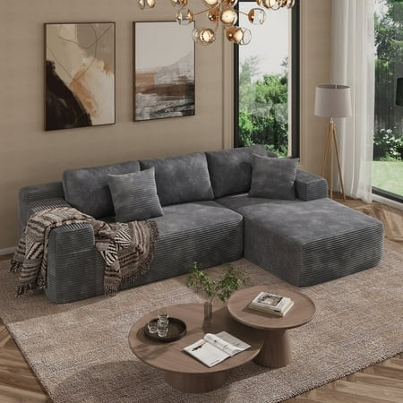 Indoor Modular Sectional Sofa with Reconfigurable Modules, Corduroy Upholstery, Vacuum Design, No-Assembly Design, Right Facing Chaise, Gray