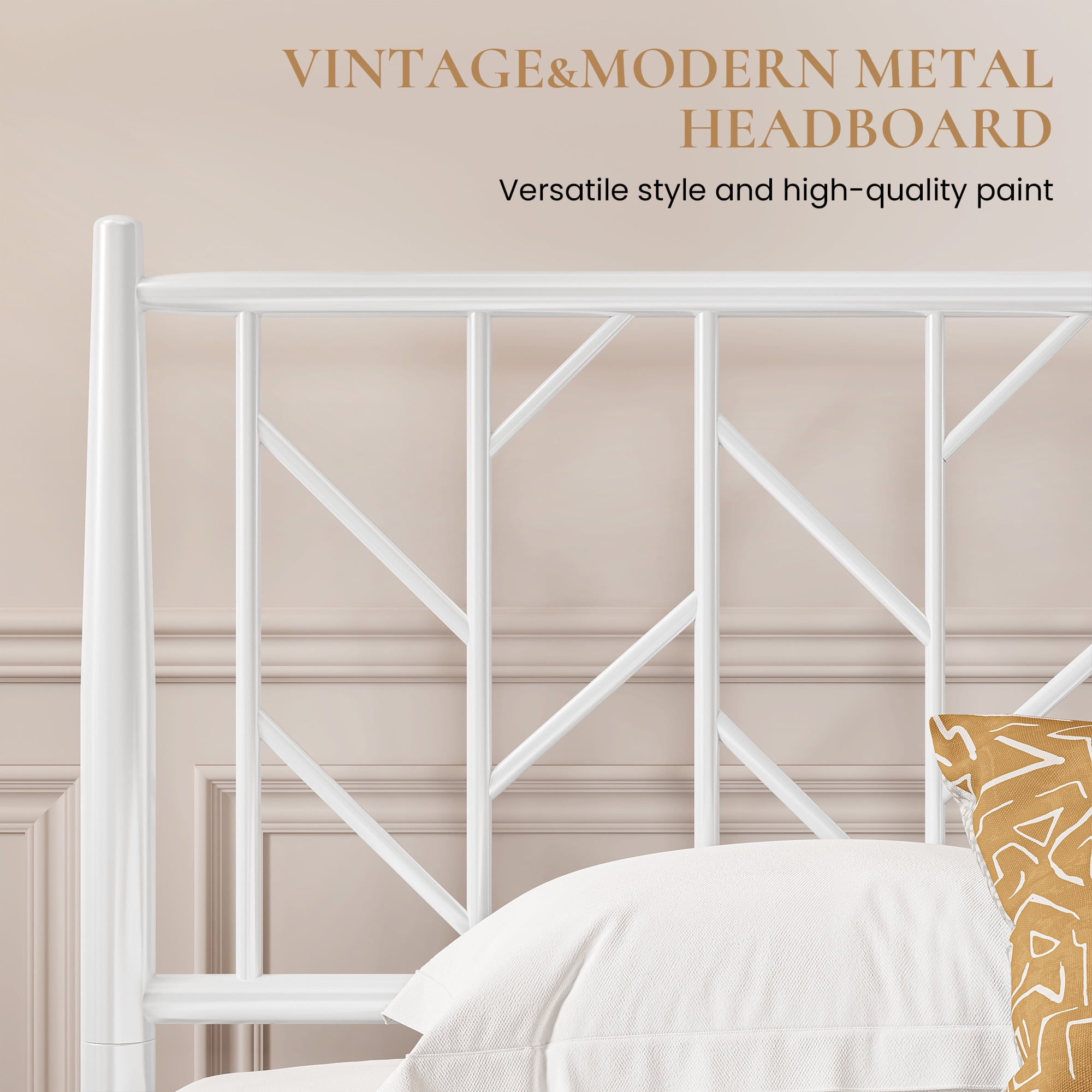 Sha Cerlin White Queen Size Metal Platform Bed Frame with Victorian Vintage Headboard & Underbed Storage, Adult