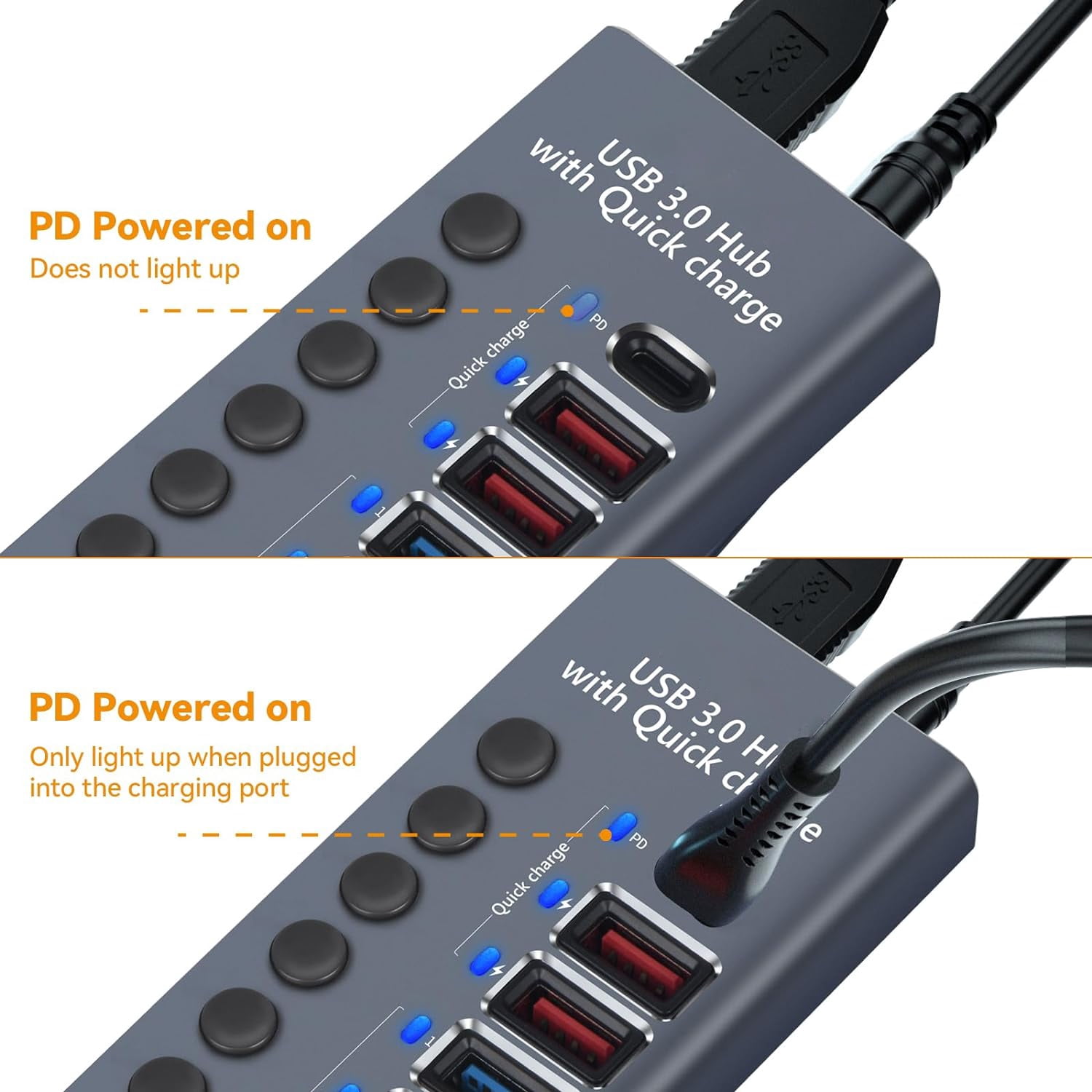 Aluminum Powered USB 3.0 Hub, 10-Port USB Hub Splitter (7 USB 3.0 Data Transmission Ports + 2 Smart Charging Ports + 1 PD Charging Port), with 60W (12V/5A) Power Adapter and Independent Switch