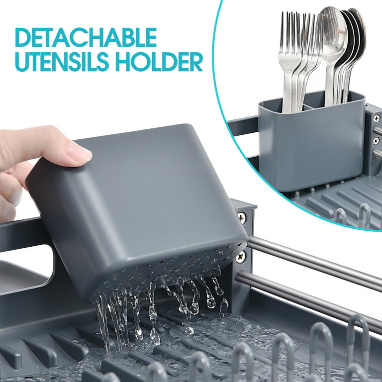 TOOLF Extendable Dish Rack, Dual Part Dish Drainers with Non-Scratch and  Movable Cutlery Drainer and Drainage Spout, Adjustable Dish Drying Rack for