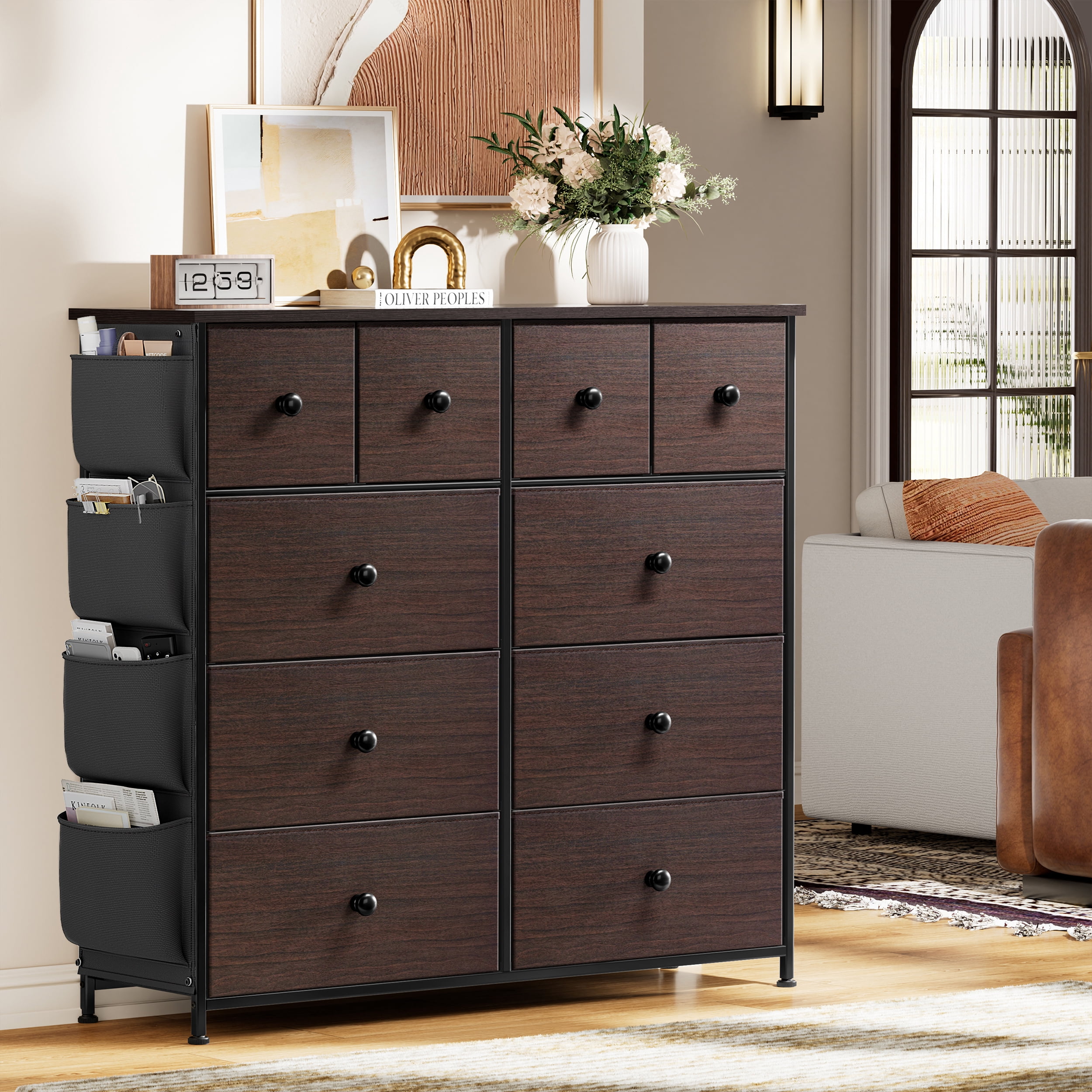 KOUSEI 10 Drawer Dresser,Fabric Dressers for Bedroom,Chest of Drawers with 4 Side Pockets,Storage Drawers,Brown