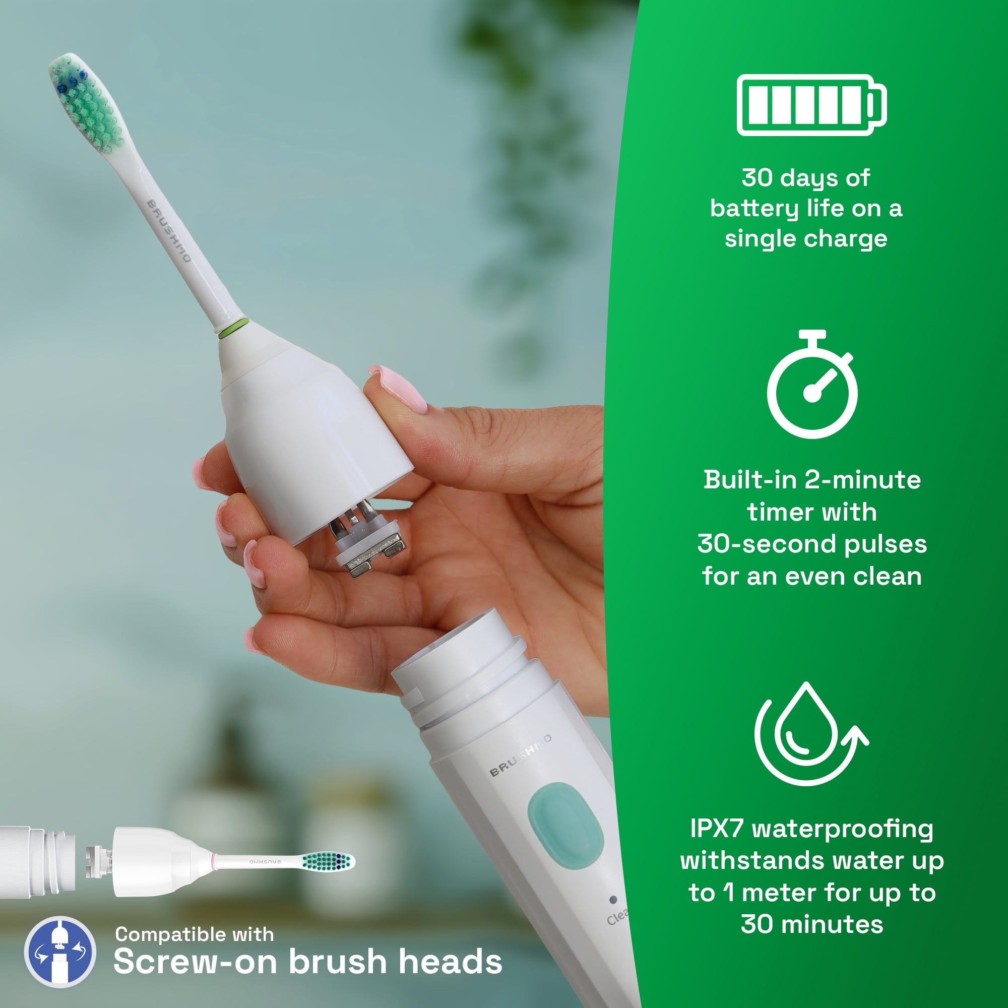 Brushmo e-Series Sonic Electric Toothbrush, Rechargeable Toothbrush with 3 Modes, 2-Min Timer, 30-Day Battery, Charging Base, White