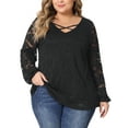thumbnail image 1 of Blusa casual de mujer de talla grande Agnes Orinda con doble capa, encaje, mangas largas, escote en V, transparente, 4X, negra, 1 of 6