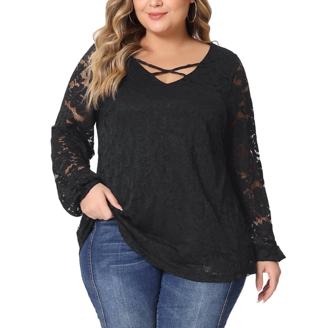 Blusa casual de mujer de talla grande Agnes Orinda con doble capa, encaje, mangas largas, escote en V, transparente, 4X, negra