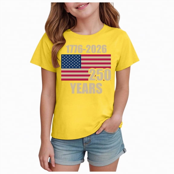 kpoplk Girl's Graphic Tees Short Sleeve Crewneck Cute T Shirts Tops for Teens Summer Tops(Yellow,13-14Y)