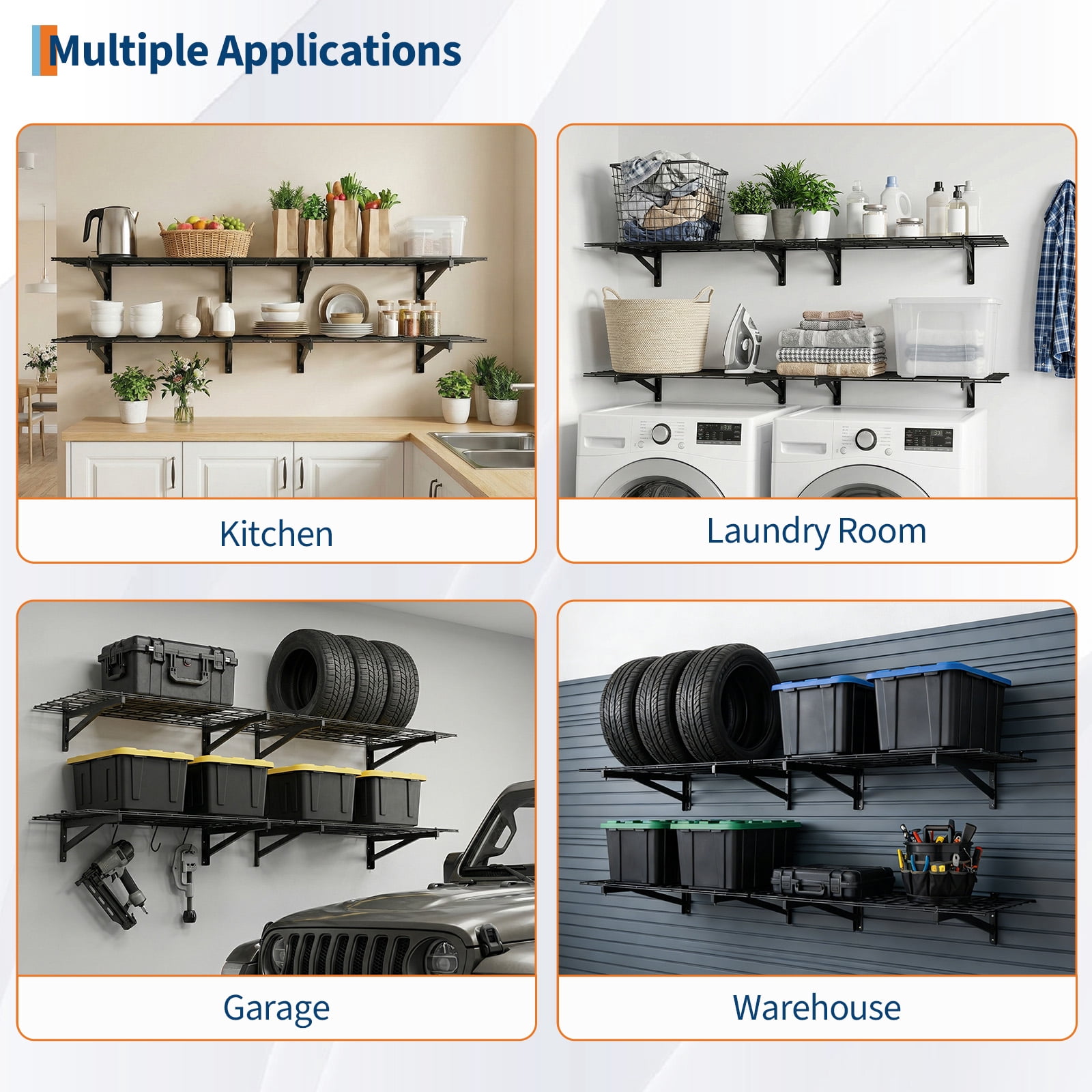 4 Pack Heavy Duty Garage Wall Shelving Set (2x3ft), Wall Mounted Garage Shelves 1400lbs Capacity, 24"X72" Shelf Storage Rack Floating Shelves, Storage Racks for Shop, Shed, Storage Shelve, Black