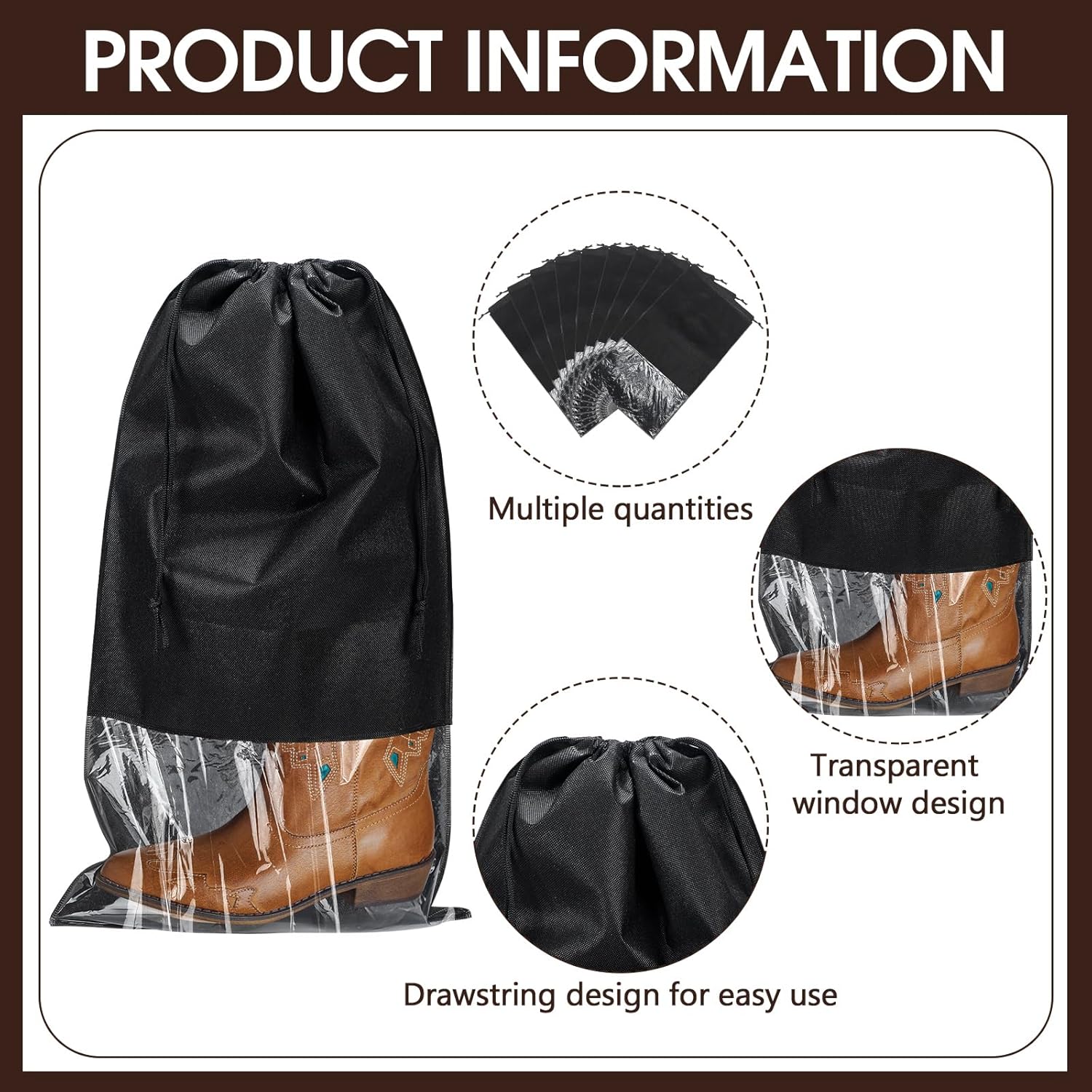20 Pcs Tall Boot Bags for Travel Large Shoe Protector Cover with Visible Window for Packing Boot Non Woven with Rope for Storage Pouch Black Portable Shoe Organizers for Men and Women