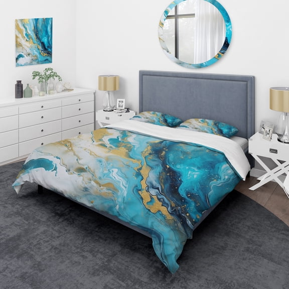 Designart "Infused Marble in Turquoise and Gold III" Fractals Bedding Covert Set - Abstract Blue Modern Bed Set With 2 Shams