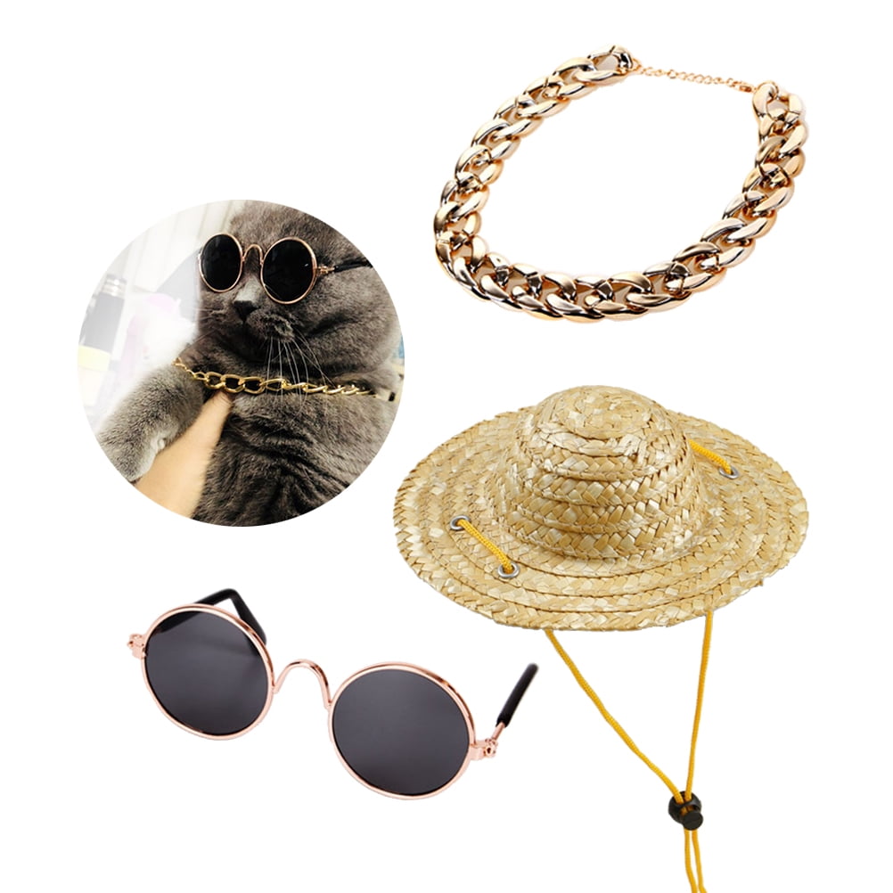 RENACLIPY 3Pcs Dog Dress Up Accessories Sunglasses Retro Straw Hat Assorted Color for Various Occasions Back to School