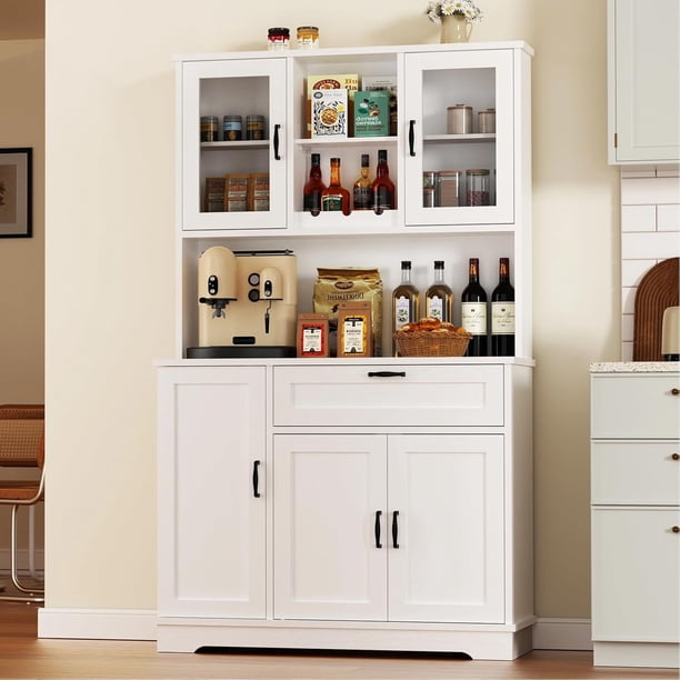 Alacena de Cocina con Puertas y Estantes, Gabinete de Almacenamiento Alto Estilo Farmhouse, Mueble Organizador para Cocina, Comedor o Sala, Color Blanco